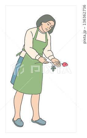 Vector illustration of a female florist holding a flower stem. Floral design process and professional flower shop work, isolated on white background. 136362736