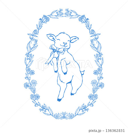 A cute jumping goat with a bow in a floral oval frame. Farm animal, vector outline Easter illustration. Spring line art in blue A cute jumping goat with a bow in a floral oval frame. Farm animal, vector outline Easter illustration. Spring line art in blue 136362831