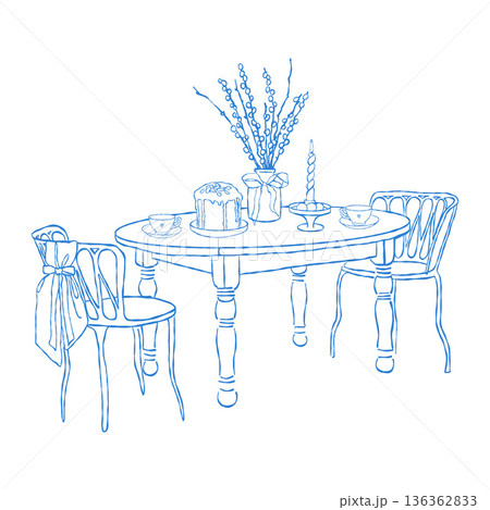 Hand-drawn illustration of a whimsical dining table with chairs, pussy willow, Easter cake, and candles. Easter dinner. Festive spring table setting. Monochrome vector line illustration in blue. 136362833