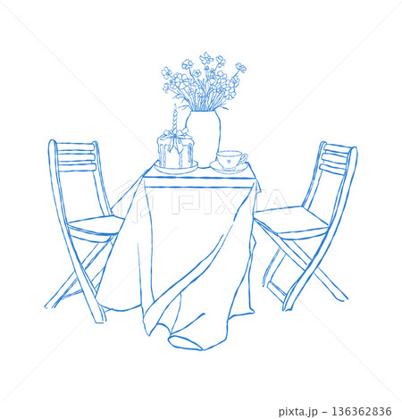 Hand-drawn illustration of a whimsical dining table with chairs, a vase of flowers, Easter cake, and teacups. Easter dinner. Festive spring table setting. Monochrome vector line illustration in blue. 136362836