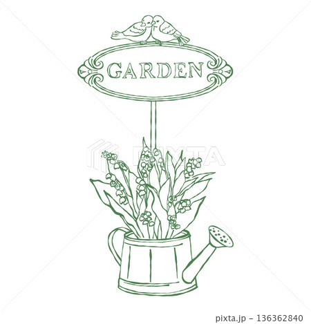 A watering can with spring wildflowers and a sign reading Garden. Illustration of a garden composition. A watering can with a bouquet of flowers. Hyacinths. Green outline vector illustration. A watering can with spring wildflowers and a sign reading Garden. Illustration of a garden composition. A watering can with a bouquet of flowers. Hyacinths. Green outline vector illustration. 136362840