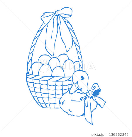 A wicker basket with Easter eggs and a duckling with a bow. Easter outline illustration. A spring composition in a vintage style. Hand-drawn in blue. A wicker basket with Easter eggs and a duckling with a bow. Easter outline illustration. A spring composition in a vintage style. Hand-drawn in blue. 136362843