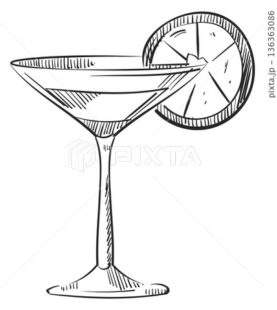 Cocktail drink glass drawing. Fruit summer beverage Cocktail drink glass drawing. Fruit summer beverage 136363086