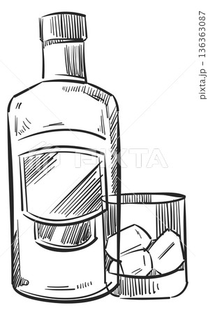 Whiskey sketch. Ice rock glass hand drawing 136363087