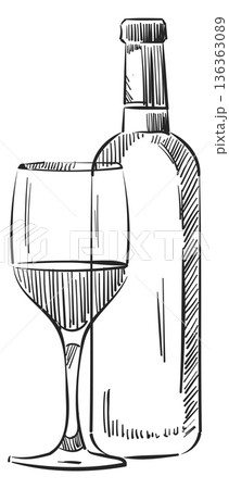 Wine bottle and glass drawing. Bar drink menu icon 136363089