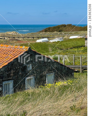 Stone coastal house with red tiled roof surrounded by dune grass and wildflowers, wooden boardwalk and Atlantic Ocean. Travel reporting, coastal geography documentation, regional architecture 136363208