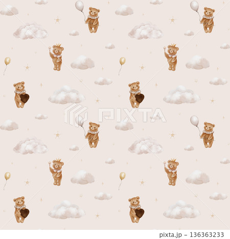 Seamless pattern with Watercolor Cute Teddy Bear Holding heart. Repeat ornament with Valentine Brown bear toy with Jabot collar in Crown Holding magic wand. clouds in the sky. Illustration hand drawn 136363233