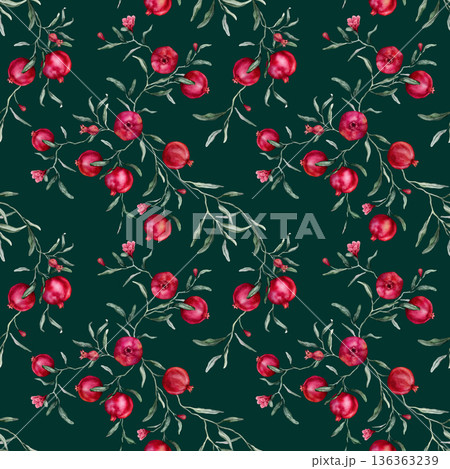 Seamless pattern with watercolor illustration of Pomegranate with pink flowers. Hand painted print with tropical fruit branch with green leaves on isolated. For wrapping paper or textile design. 136363239