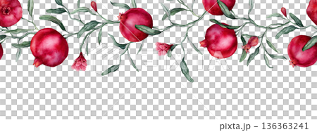 Seamless horizontal border or banner tropical Pomegranate and pink flower. Hand drawn watercolor illustration on white isolated background. Fruits with green leaves pattern for frame or banner. Seamless horizontal border or banner tropical Pomegranate and pink flower. Hand drawn watercolor illustration on white isolated background. Fruits with green leaves pattern for frame or banner. 136363241