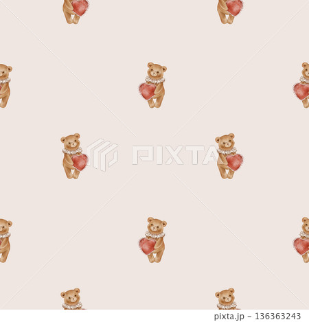 Seamless pattern with Watercolor Cute Teddy Bear Holding Red Heart. Repeat ornament with Valentine Brown bear toy with vintage Jabot collar. Illustration hand drawn on isolated background. 136363243