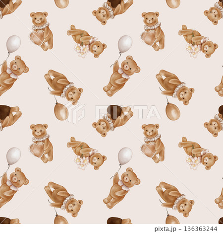 Seamless pattern with Watercolor Cute Teddy Bear Holding balloon and heart. Repeat ornament with Valentine Brown bear toy with vintage Jabot collar and daisy. Illustration hand drawn on isolated. 136363244
