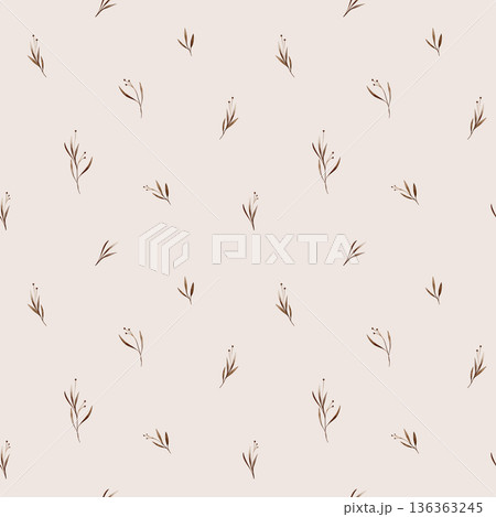 Watercolor seamless pattern with brown flowers spots with leaves. Hand drawn illustration repeat ornament with plants on isolated white background. Dark branches with round buds iridescent watercolors 136363245