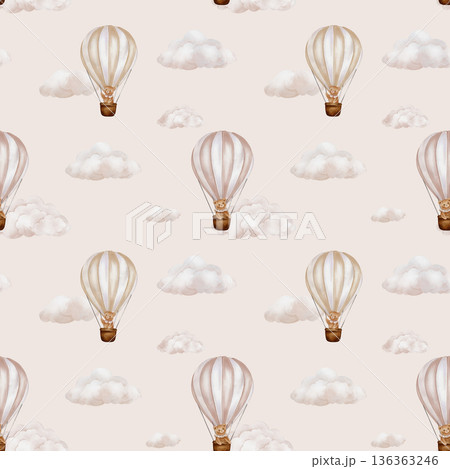 Seamless pattern with hot Air Balloons with Teddy Bear and Clouds in the sky. Watercolor repeat ornament background for Kids. Cute Print for childish textile design or wallpaper in pastel beige color 136363246