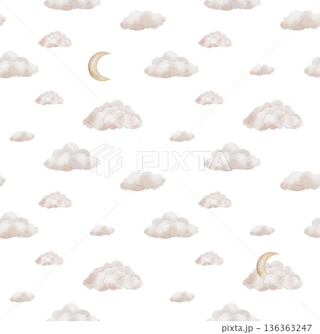 Seamless watercolor pattern with pastel beige clouds and moon in the sky. Repeat ornament with illustration of background for nursery wallpaper, baby decor, textiles, or children paper. 136363247
