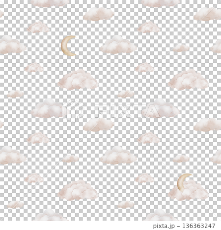 Seamless watercolor pattern with pastel beige clouds and moon in the sky. Repeat ornament with illustration of background for nursery wallpaper, baby decor, textiles, or children paper. 136363247