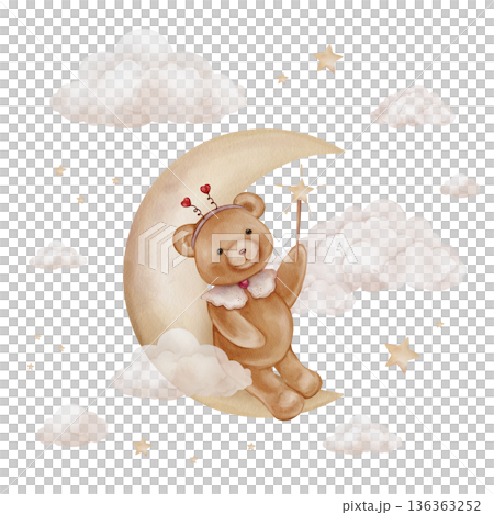 Composition with yellow moon, teddy bear in heart-shaped horns Holding magic wand with star. Hand drawn watercolor illustration for Children design with clouds. Designs for kids. Composition with yellow moon, teddy bear in heart-shaped horns Holding magic wand with star. Hand drawn watercolor illustration for Children design with clouds. Designs for kids. 136363252