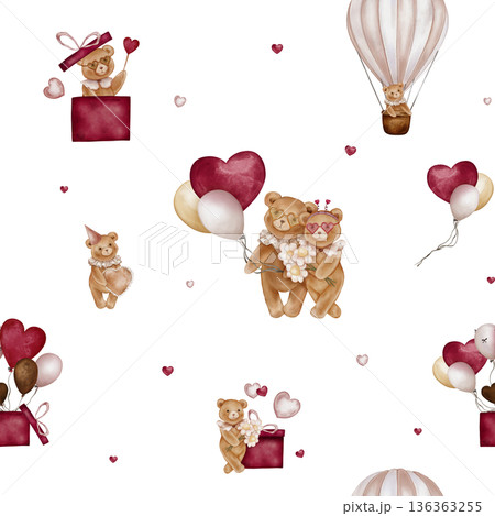 Seamless pattern with Watercolor Cute Teddy Bear Holding balloon and heart. Repeat ornament with Valentine Brown bear toy with vintage Jabot collar and gift. Illustration hand drawn on isolated. 136363255