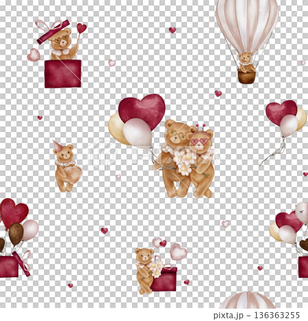 Seamless pattern with Watercolor Cute Teddy Bear Holding balloon and heart. Repeat ornament with Valentine Brown bear toy with vintage Jabot collar and gift. Illustration hand drawn on isolated. 136363255