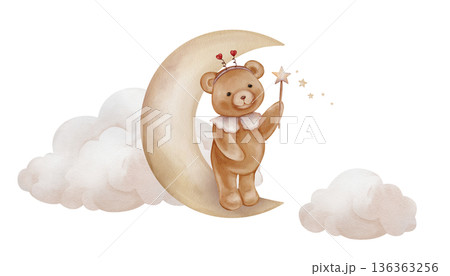 Composition with yellow moon, teddy bear in heart-shaped horns Holding magic wand with star. Hand drawn watercolor illustration for Children design with clouds. Designs for kids. Composition with yellow moon, teddy bear in heart-shaped horns Holding magic wand with star. Hand drawn watercolor illustration for Children design with clouds. Designs for kids. 136363256