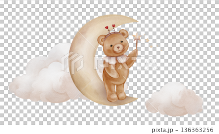 Composition with yellow moon, teddy bear in heart-shaped horns Holding magic wand with star. Hand drawn watercolor illustration for Children design with clouds. Designs for kids. Composition with yellow moon, teddy bear in heart-shaped horns Holding magic wand with star. Hand drawn watercolor illustration for Children design with clouds. Designs for kids. 136363256