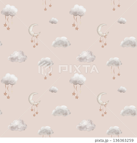 Seamless pattern with Grey Air Clouds and moon. Cute baby's repeat ornaments with stars. Isolated hand drawn Watercolor illustration on pink background. Design for kids goods, textiles 136363259
