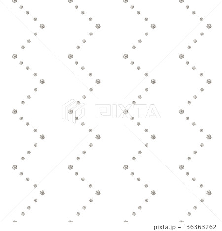 Geometric zigzag seamless pattern made from watercolor drawing of dog paw prints on an isolated white background. Repeat ornament with cartoon style grey print dog or animal footprints. 136363262