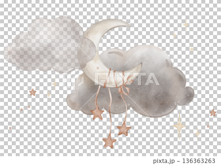 Composition with moon with clouds and stars. Yellow crescent moon. Cute baby Isolated hand drawn Watercolor illustration. Design for kid's goods, textiles, postcards, baby shower and children's room 136363263
