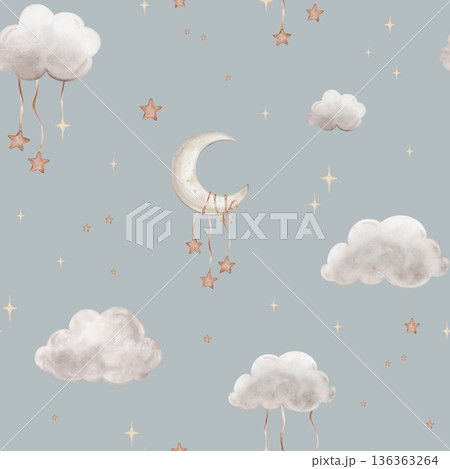 Seamless pattern with Grey Air Clouds and moon. Cute baby's repeat ornaments with stars. Isolated hand drawn Watercolor illustration on blue background. Design for kids goods, textiles 136363264