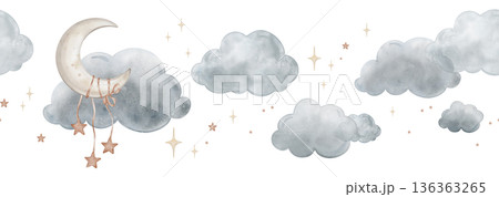 Seamless border with Composition with moon with blue clouds and red yellow stars. Cute baby Isolated hand drawn Watercolor illustration. Design for kid's textiles, baby shower and children's room 136363265