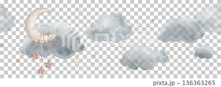Seamless border with Composition with moon with blue clouds and red yellow stars. Cute baby Isolated hand drawn Watercolor illustration. Design for kid's textiles, baby shower and children's room 136363265