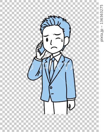 Illustration material of a businessman in a suit making an unpleasant phone call on his smartphone 136363275