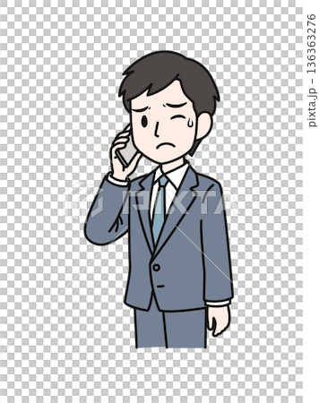 Illustration material of a businessman in a suit making an unpleasant phone call on his smartphone 136363276