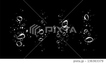 Realistic oxygen bubbles in water on a black background with fizzy sparkles and effervescent style. Transparent drops and soap bubbles create a vector texture for sea, aquarium, or fresh design Realistic oxygen bubbles in water on a black background with fizzy sparkles and effervescent style. Transparent drops and soap bubbles create a vector texture for sea, aquarium, or fresh design 136363379
