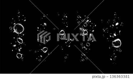Realistic oxygen bubbles in water on a black background with fizzy sparkles and effervescent style. Transparent drops and soap bubbles create a vector texture for sea, aquarium, or fresh design 136363381