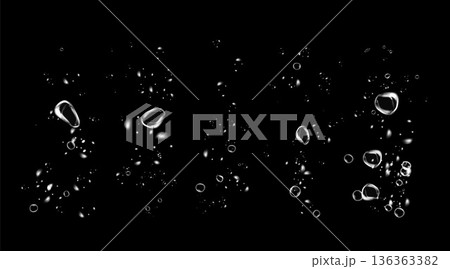 Realistic oxygen bubbles in water on a black background with fizzy sparkles and effervescent style. Transparent drops and soap bubbles create a vector texture for sea, aquarium, or fresh design 136363382