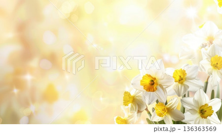 A gentle composition of white daffodils on a soft yellow blurred background for St. David's Day. Welsh holiday design, Easter or Mother's Day, copy space, free space for text 136363569