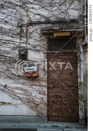 草の絡まった開かないドア、廃墟の扉 136363571
