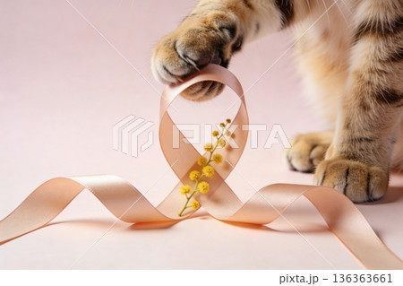 Close-up of a tabby cat paw holding a peach satin ribbon loop with yellow mimosa sprig inside on a soft pastel pink background 136363661