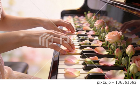 Close-up of hands playing a piano sprinkled with soft pink rose blooms and petals 136363662