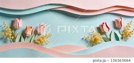 Layered pastel papercraft banner with tulip flowers and mimosa sprigs arranged along soft pink and blue waves 136363664