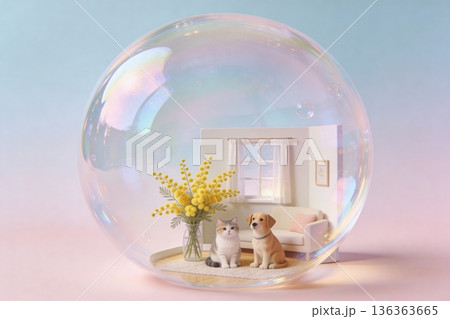 Dreamy pastel diorama of a cozy living room sealed inside an iridescent soap bubble: yellow mimosa in a glass vase, cute cat and puppy on a rug Dreamy pastel diorama of a cozy living room sealed inside an iridescent soap bubble: yellow mimosa in a glass vase, cute cat and puppy on a rug 136363665