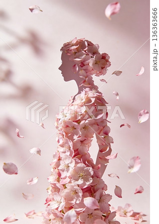 Elegant female profile shaped from pink cherry blossoms, petals floating across a soft pastel background Elegant female profile shaped from pink cherry blossoms, petals floating across a soft pastel background 136363666