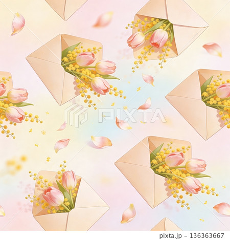 Soft pastel seamless pattern featuring open envelopes filled with pink tulips and yellow mimosa, drifting petals, and gentle blue pink gradient background Soft pastel seamless pattern featuring open envelopes filled with pink tulips and yellow mimosa, drifting petals, and gentle blue pink gradient background 136363667
