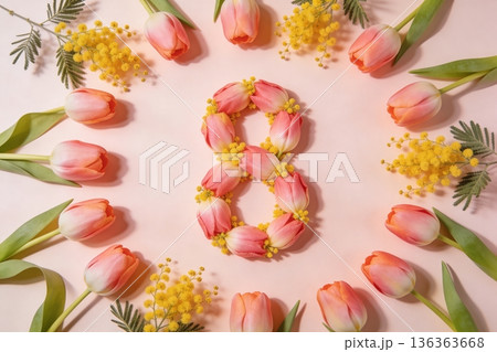 Peach tulips and yellow mimosa arranged into the number 8 on a soft pastel pink background, flat lay spring composition with copy space 136363668