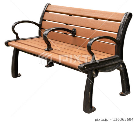 This wooden bench features black metal arms and a simple design. It is suitable for parks, gardens, and public spaces, providing seating for outdoor activities and gatherings 136363694