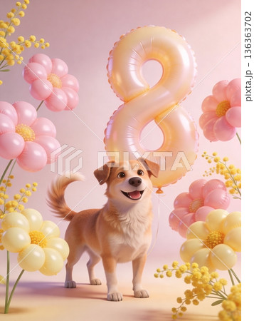 Playful dog in a pastel party scene holding a shiny number 8 balloon 136363702