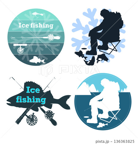 Ice fishing kit designs. Winter fishing rod, ice auger, ice floe, warmly dressed fisherman Ice fishing kit designs. Winter fishing rod, ice auger, ice floe, warmly dressed fisherman 136363825