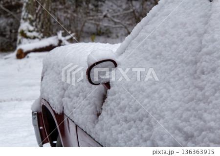 Classic vintage car covered with snow. Classic vintage car covered with snow. 136363915