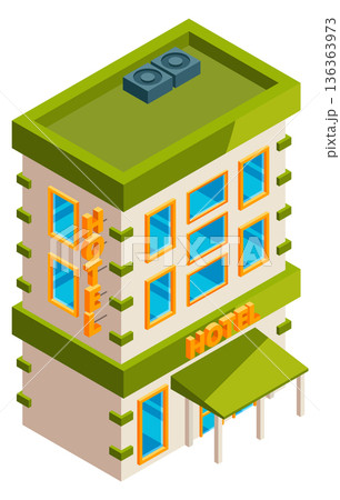 Hotel icon. Isometric building. City street architecture 136363973