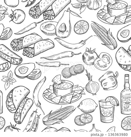 Food sketch pattern. Cooking ingredient seamless background Food sketch pattern. Cooking ingredient seamless background 136363980